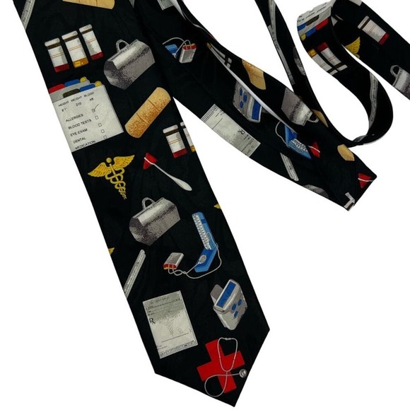 Doctor's Office Visit Men's Neck Tie Medical Bag Doctor Nurse Black Necktie - Picture 3 of 6